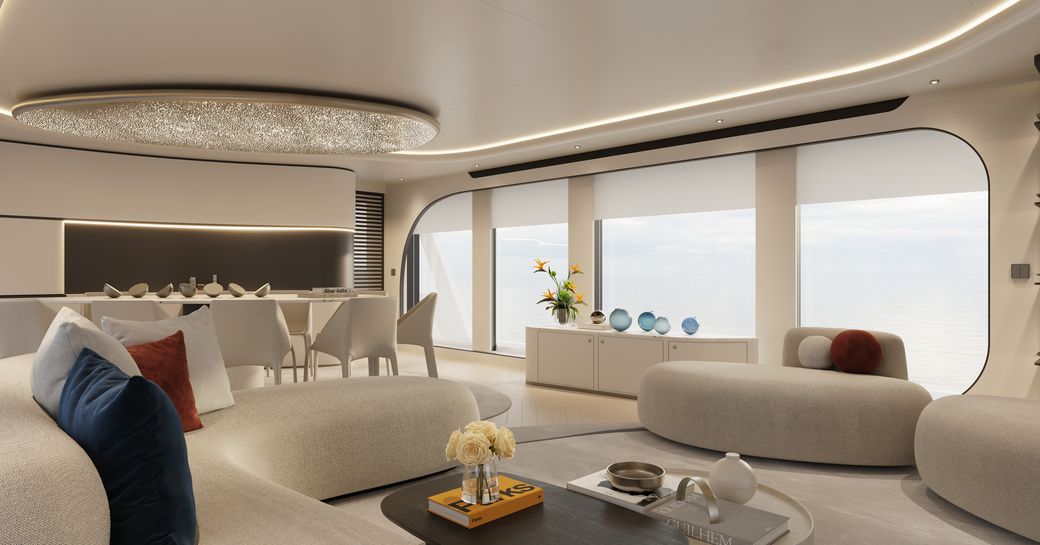 Rendering of the main salon onboard Project 111.11, plus white sofas face each other with large window in the background.