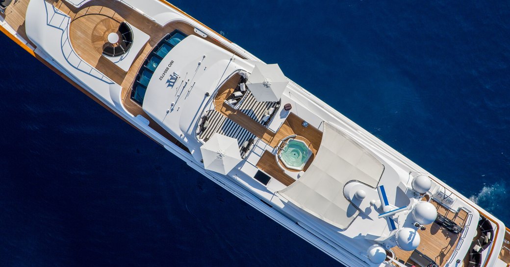 overhead shot of superyacht ‘QM of London’ when cruising on charter in Croatia