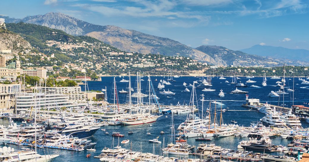 Yachts docked and at anchor at the Monaco Yacht Show in Port Hercules
