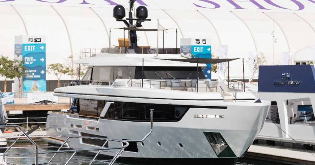 Superyacht berthed on display at the Dubai International Boat Show.