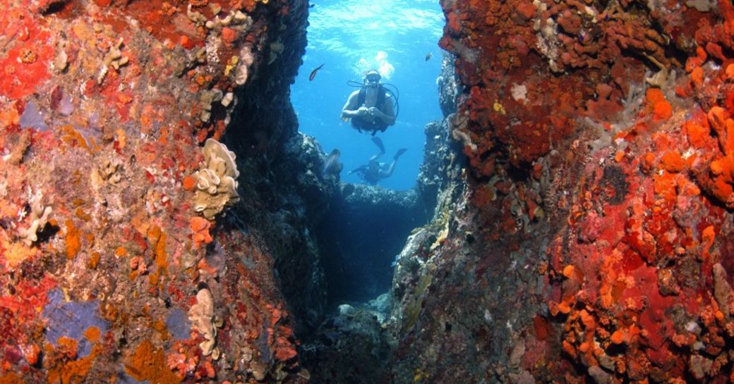 woman scuba diving at Rhone marine park, British Virgin Islands