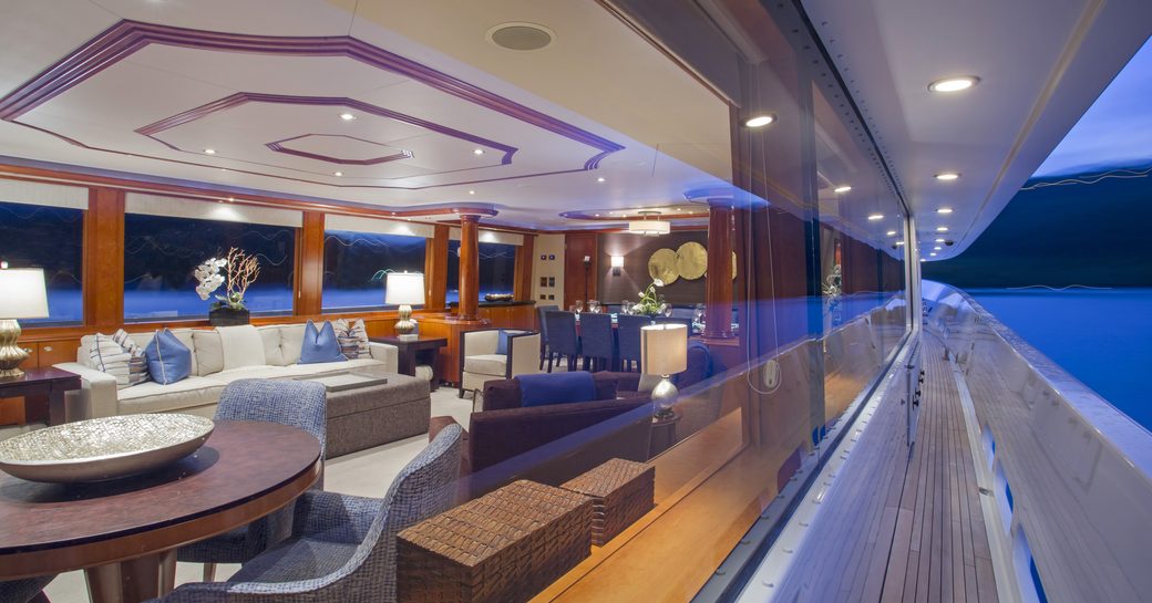 view of main salon from side deck on luxury yacht ARIOSO
