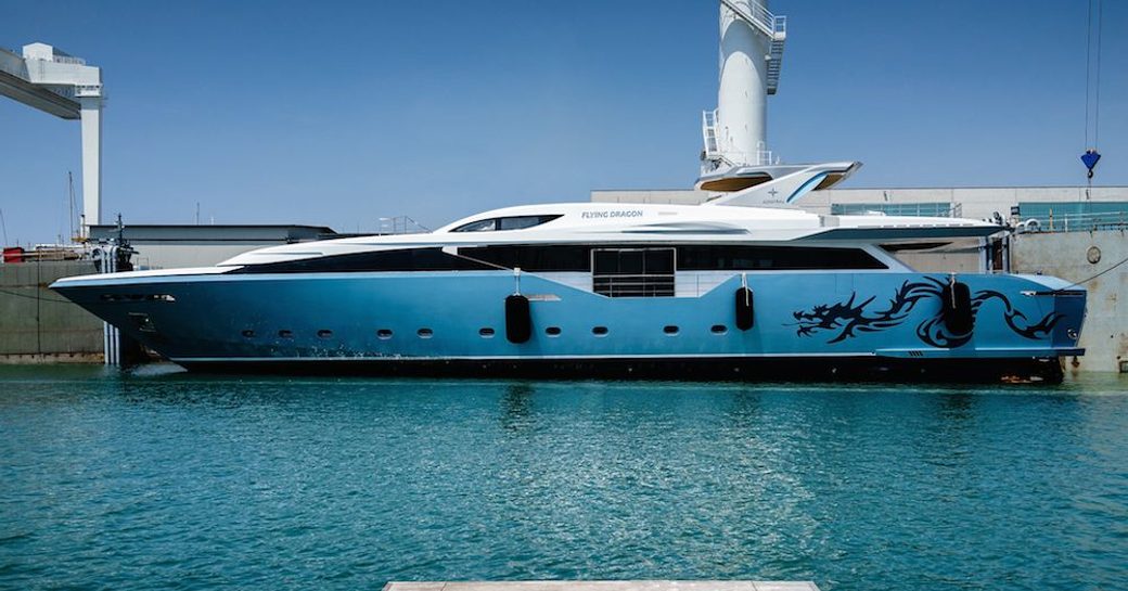 Charter yacht Flying Dragon features distinctive exterior graphics