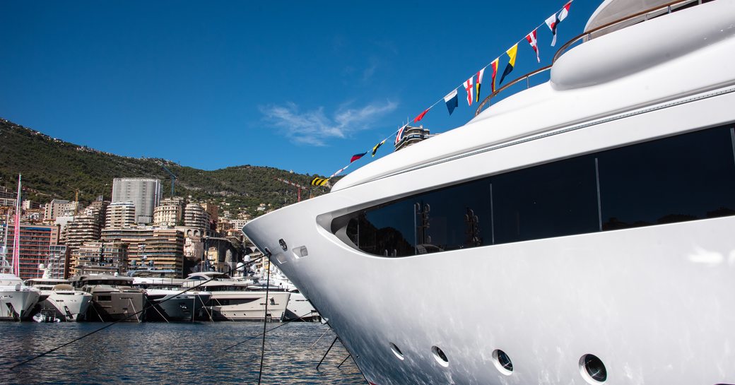 Superyachts berthed in Port Hercule, Monaco