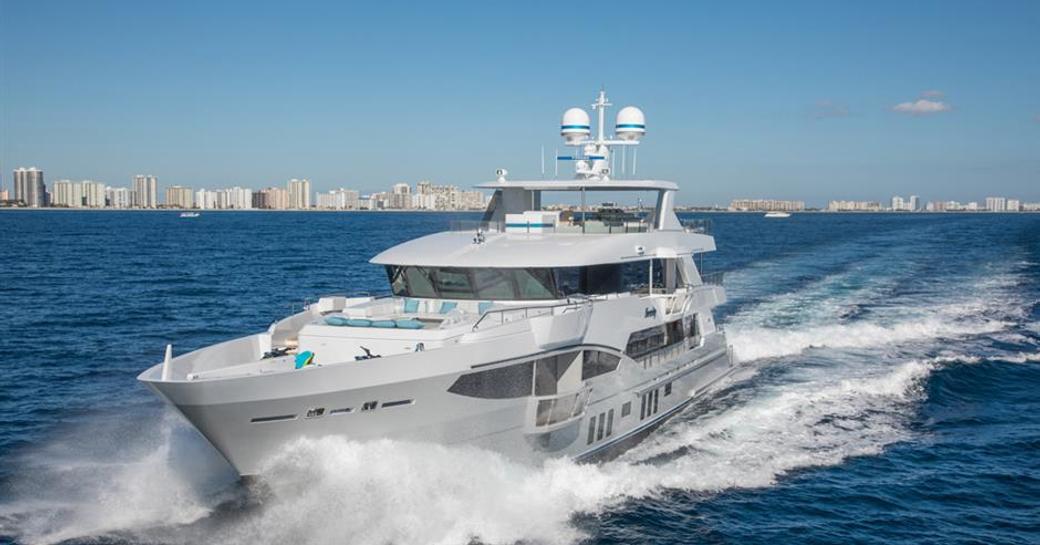 superyacht SERENITY cuts through the water on a luxury yacht charter in Florida