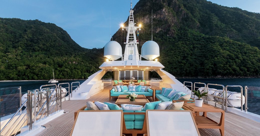 Motor yacht Ramble on Rose sundeck, with seating areas 