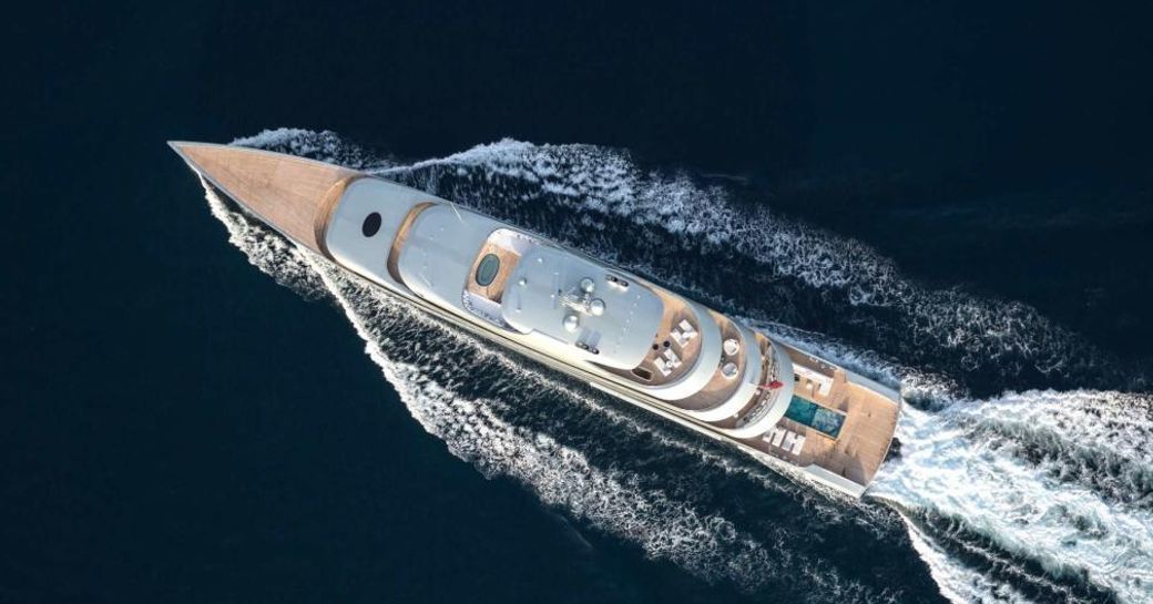 An aerial view of superyacht SAVANNAH whilst she's underway