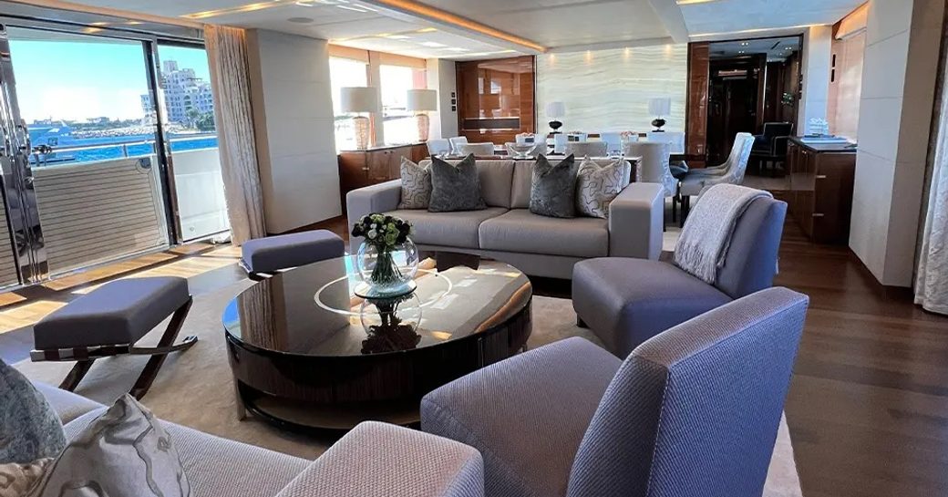 Overview of the main salon onboard charter yacht LE VERSEAU