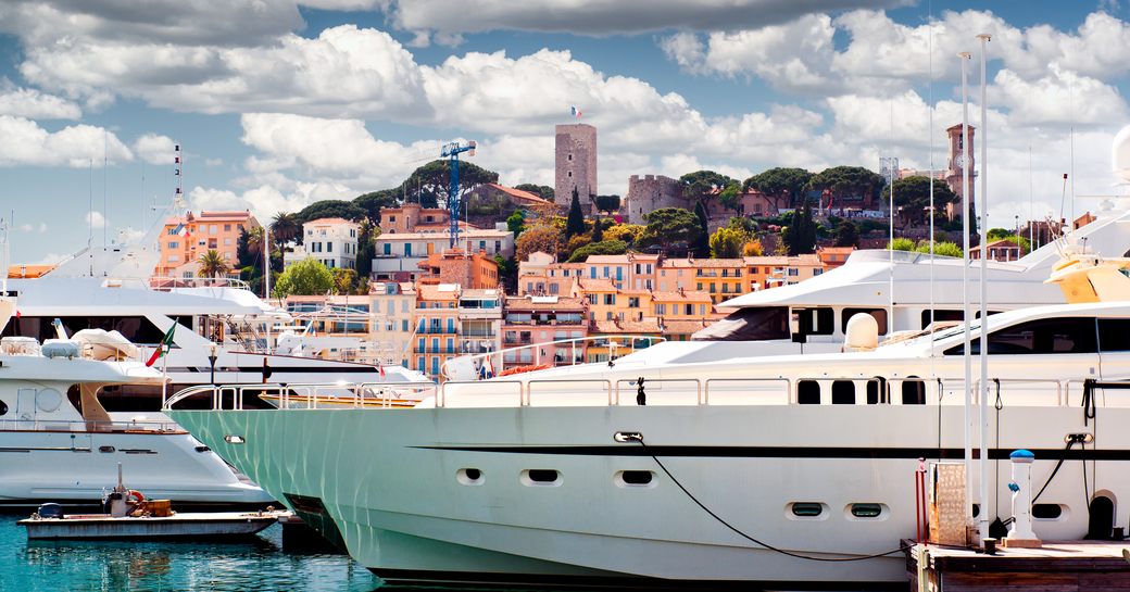 Superyacht berthed in Vieux Port, Cannes.