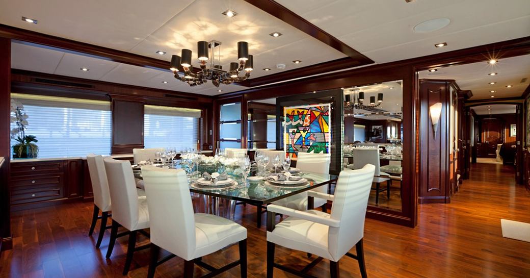 interior dining in stylish main salon aboard motor yacht COCKTAILS 