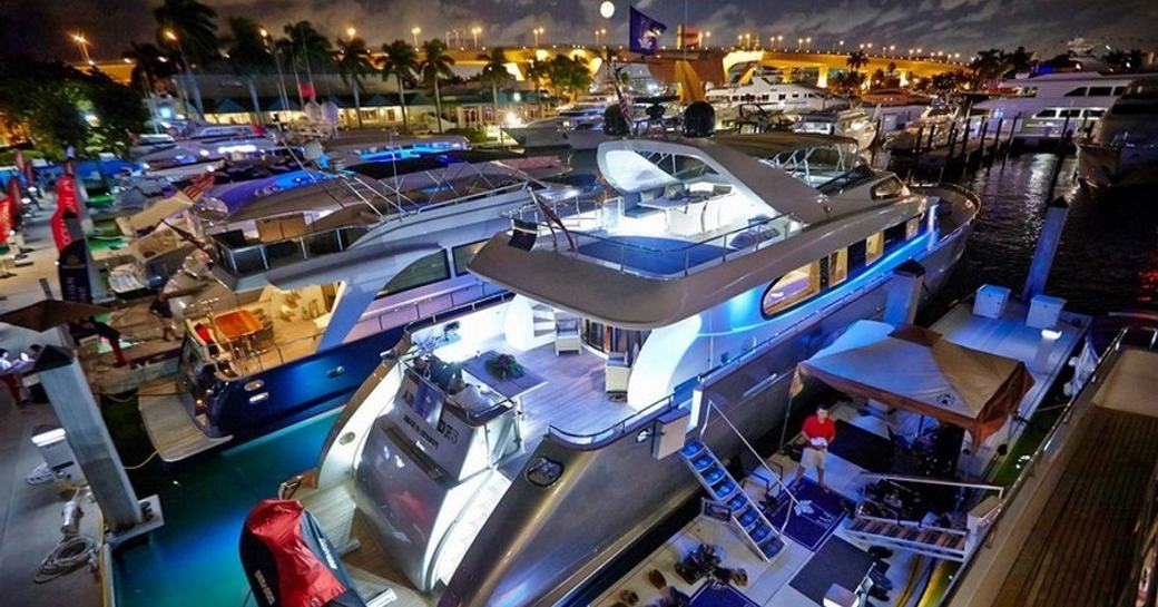 Yachts in port at the Fort Lauderdale Boat Show at night