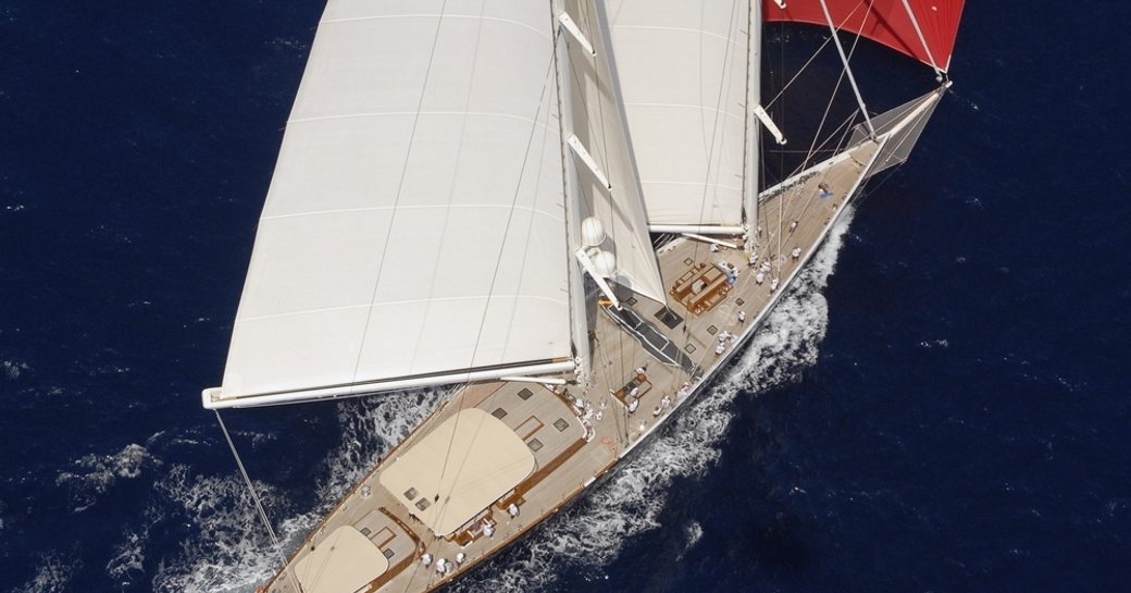 Aerial shot of the beautiful sailing yacht ATHOS
