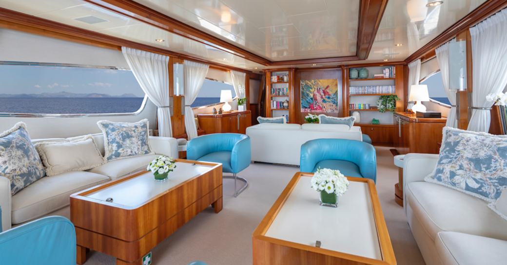 light and airy interior decor of luxury charter yacht zambezi's salon