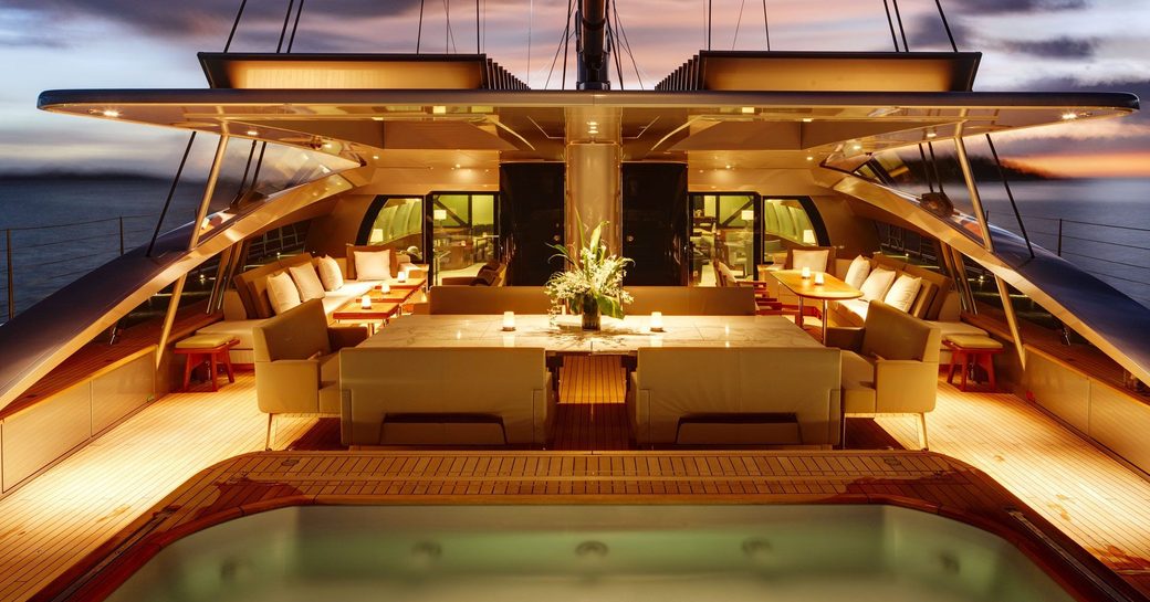 luxury Sailing Yacht VERTIGO's jacuzzi and al fresco dining area on deck
