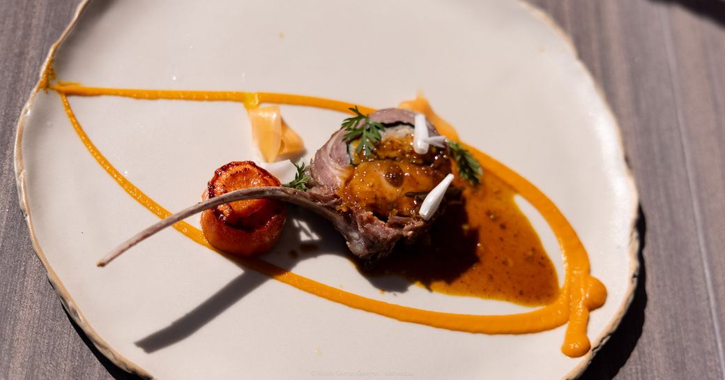 Close up view of an exquisite plate prepared by a superyacht chef