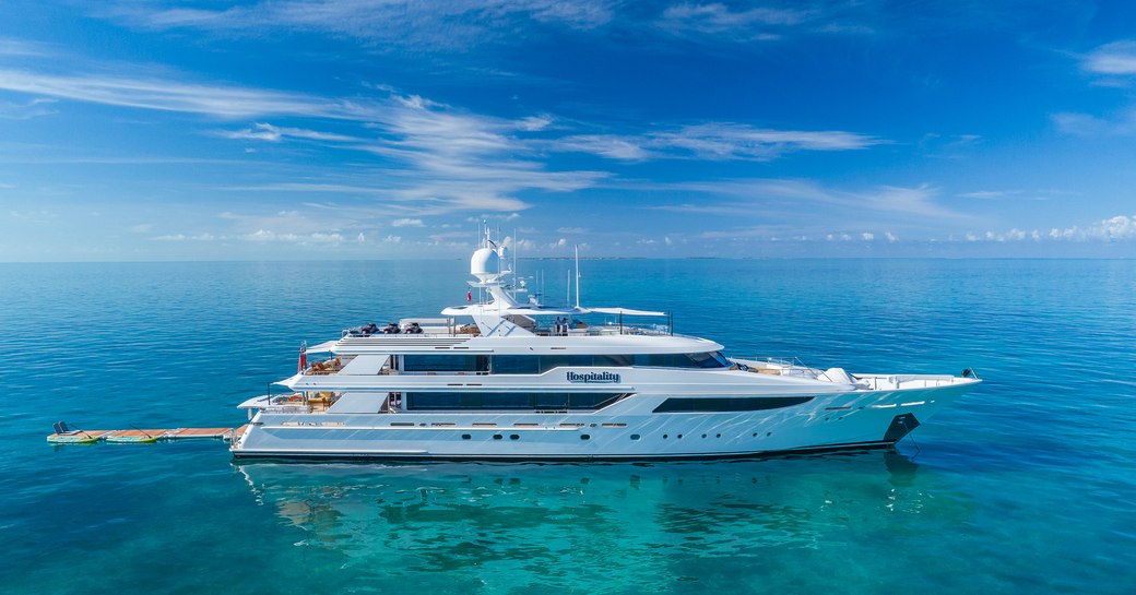 hospitality yacht at anchor in the bahamas