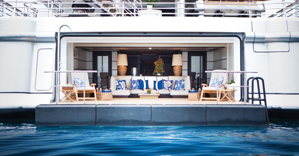 swim platform drops down to form a luxe beach club on board motor yacht Baton Rouge 