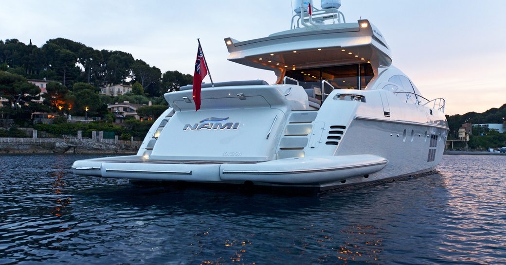 stern view of luxury yacht Nami with extended swim platform