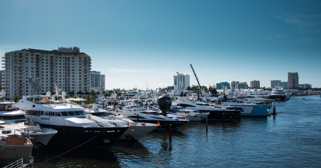 A luxurious collection of fine superyachts lining the bay of fortlauderdale's FLIBS 2019