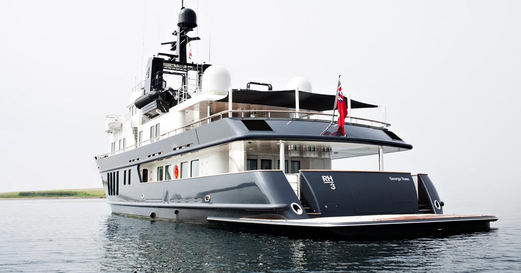 stern view of recently rebuilt superyacht RH3 when cruising on a luxury yacht charter