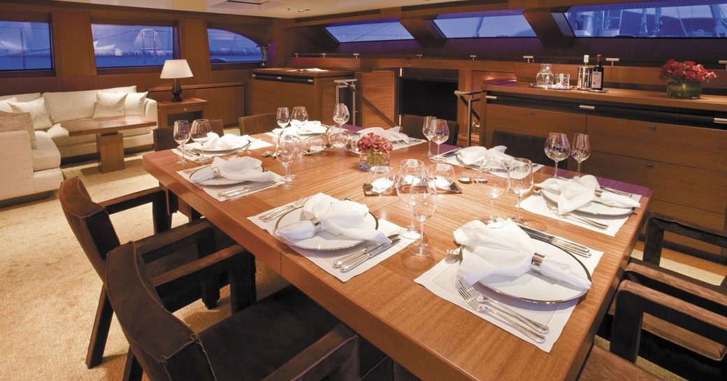 dining in the upper salon on board charter yacht ETHEREAL 