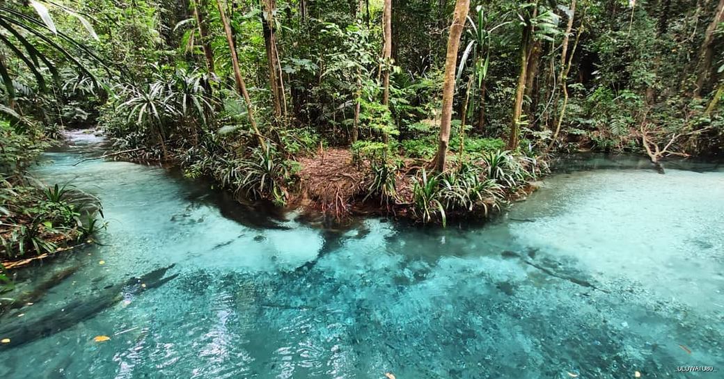 Bright light blue water of the river's bend surrounded by jungle 