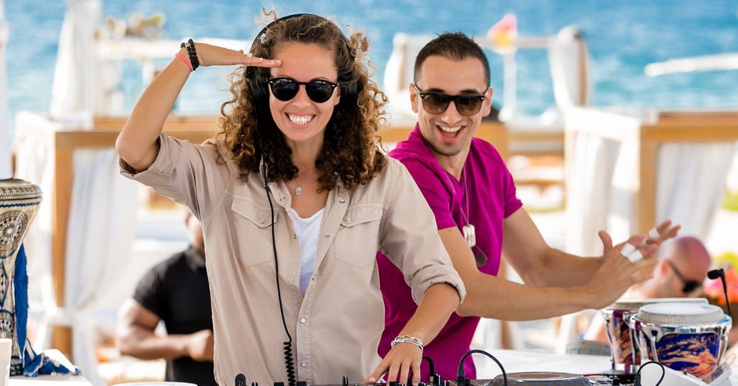 DJs on the decks at the Nikki Beach pop-up lounge at the Dubai International Boat Show 