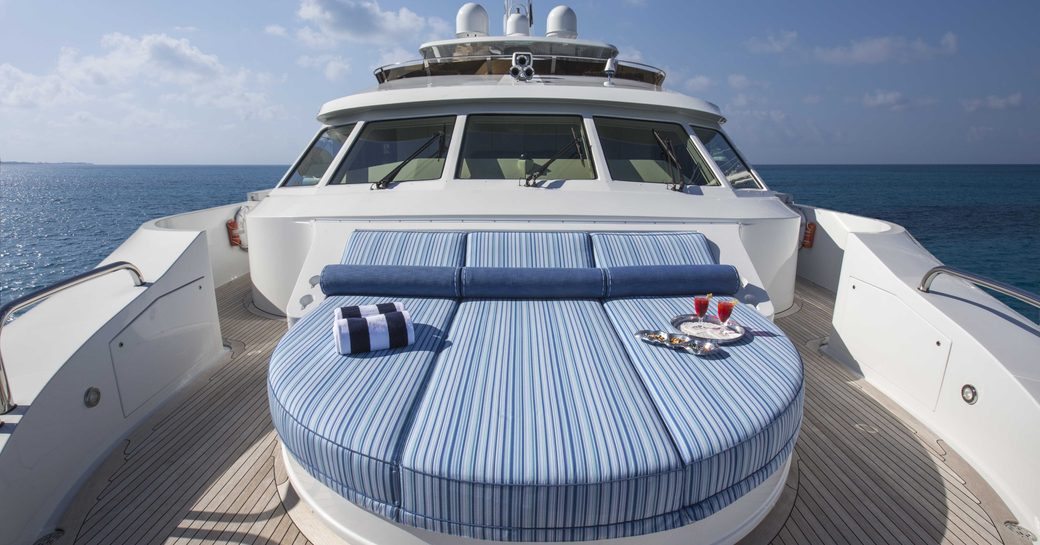 sun pads on bridge deck of luxury yacht Lady Bee 