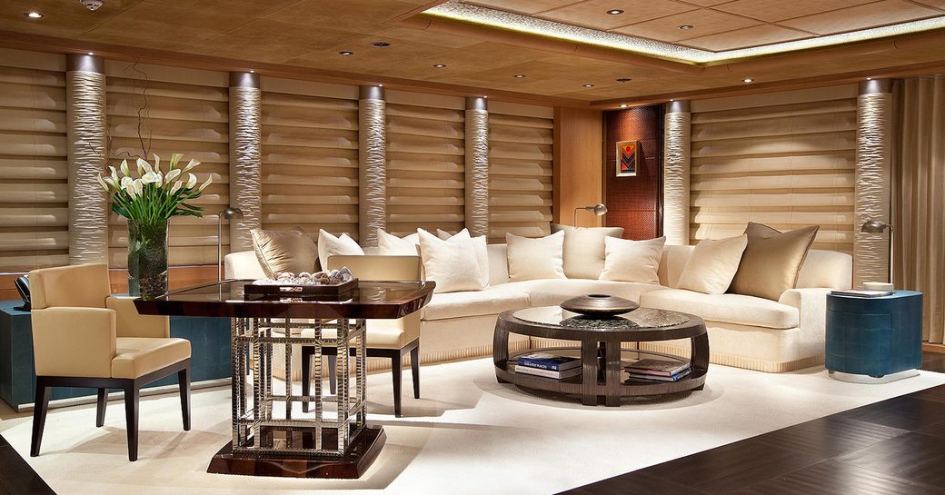 Elegant living area in Superyacht SUNRAYS, with comfortable sofa and lighting