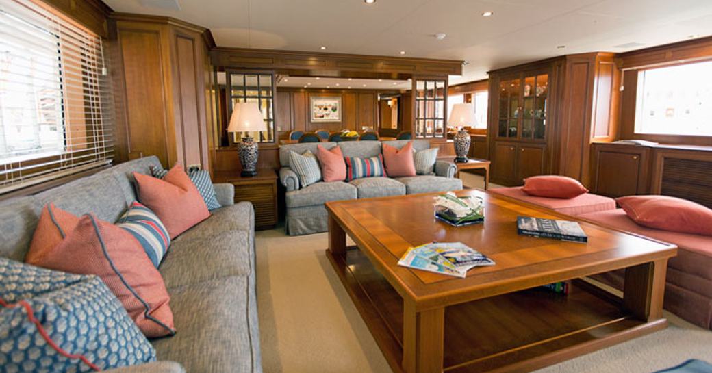 The refitted main salon of luxury yacht CONSTANCE