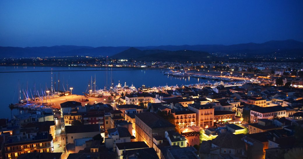 Napfion Harbor at night during the Mediterranean Yacht Show in Greece