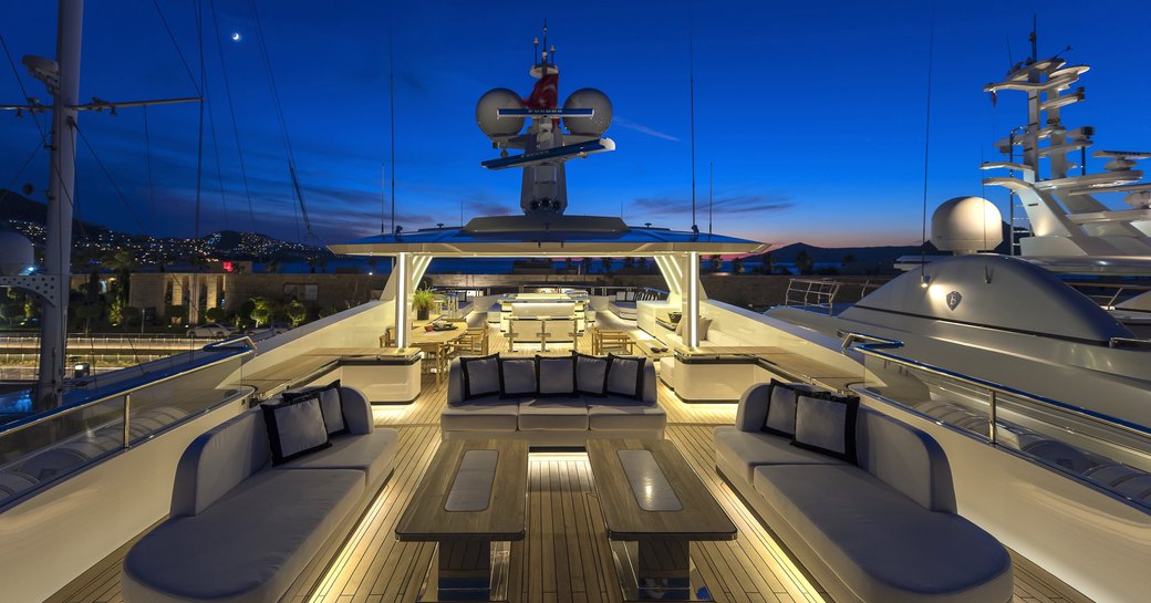 seating area on the sundeck of luxury yacht Liquid Sky 