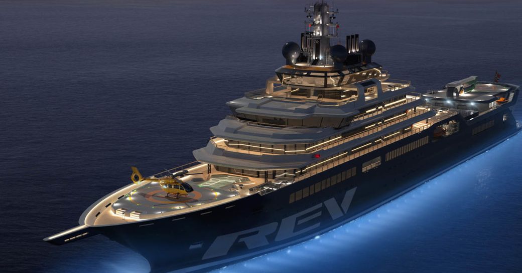 REV research yacht rendering at night, with helicopter on the bow