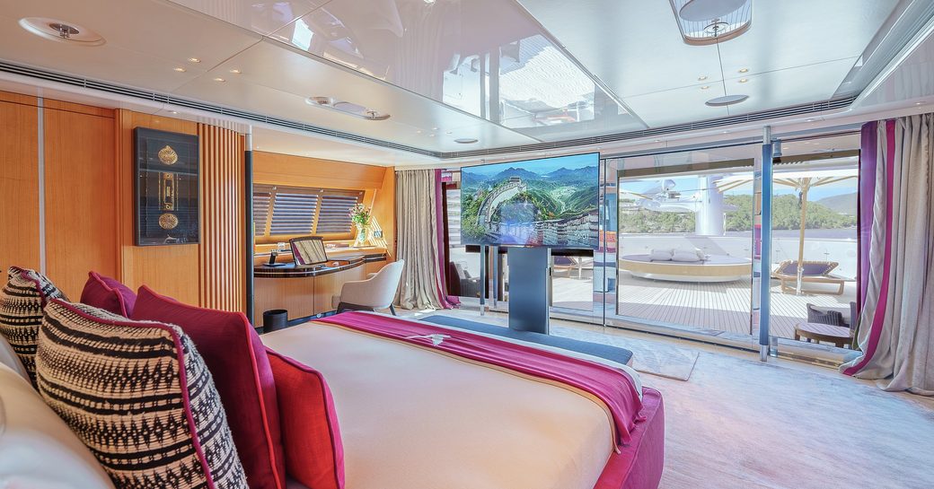 Master cabin onboard sailing yacht charter MALTESE FALCON, central berth facing forward opposite full length glazing