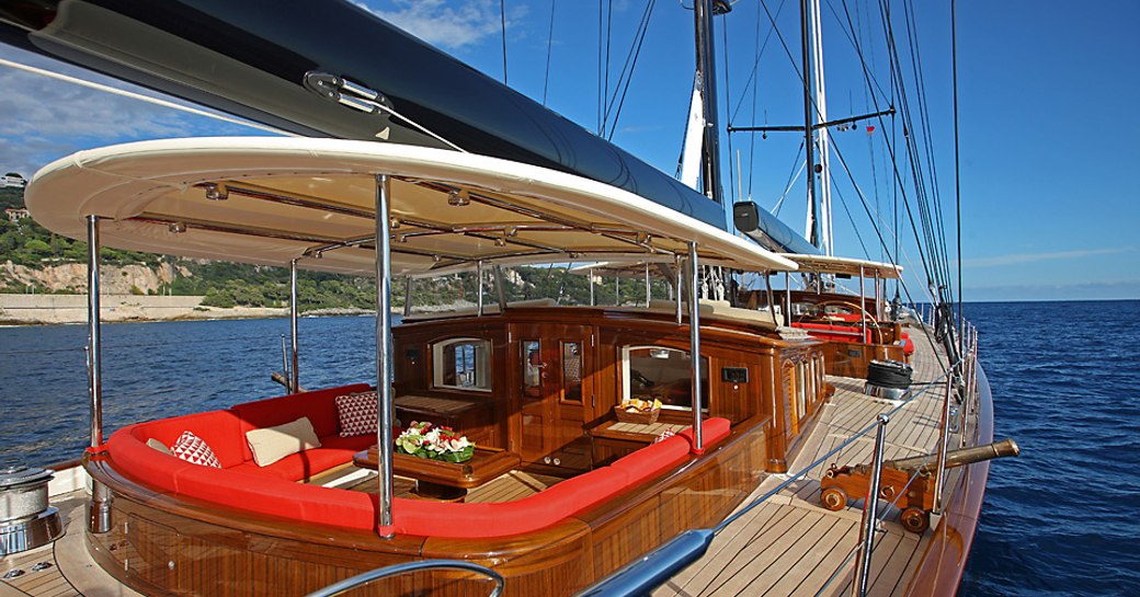 The main deck and al fresco dining area on luxury sailing yacht MARIE