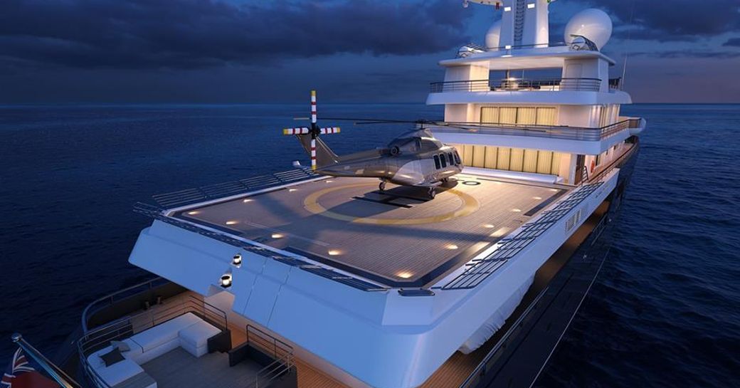 green yacht with helicopter