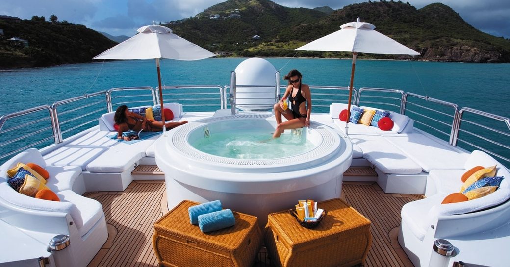 luxury yacht LAZY Z's deck Jacuzzi and seating area
