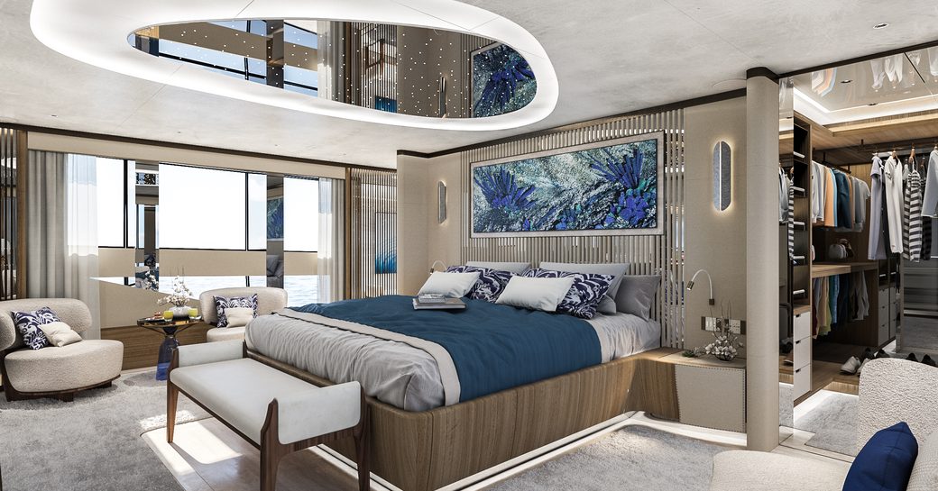 Overview of the master cabin onboard charter yacht ETERNAL SPARK, central berth facing forward with walk-in wardrobe and full height window in the background