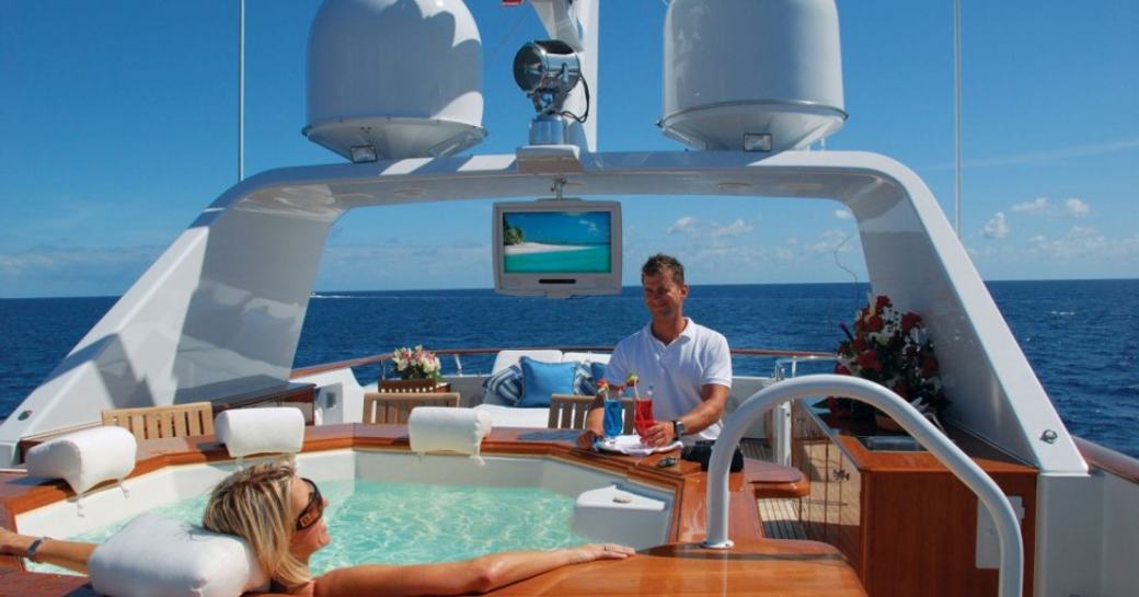 Luxury yacht Lady J, sundeck with jacuzzi and drop-down cinema