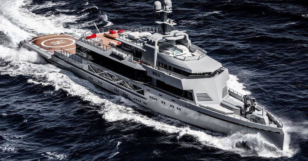 Luxury yacht BOLD underway aerial shot
