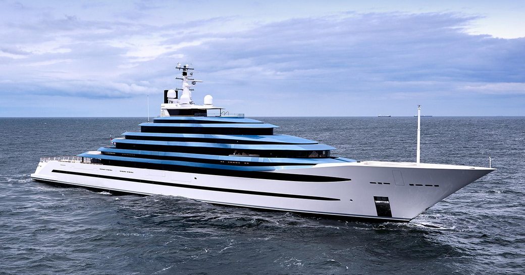 striking profile of superyacht JUBILEE with clever use of glass from Lobanov Design