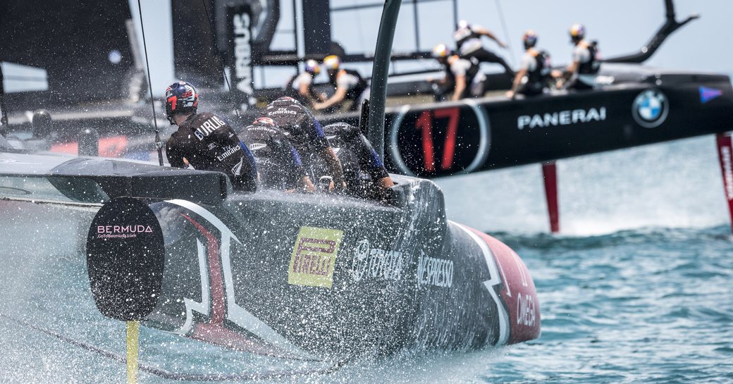 close up of Emirates Team New Zealand in action in the America's Cup match 2017