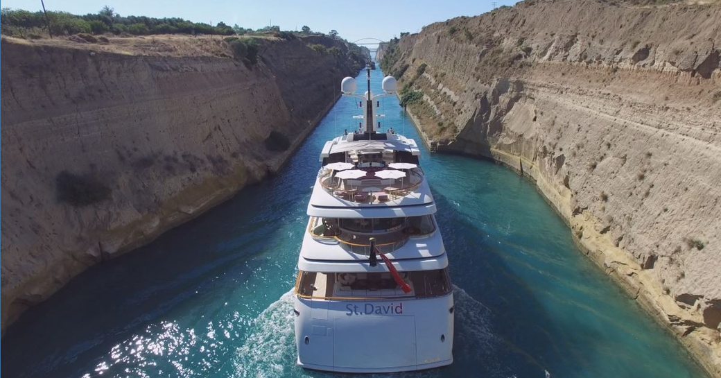 Superyacht St David making a passage through the Corinth Canal