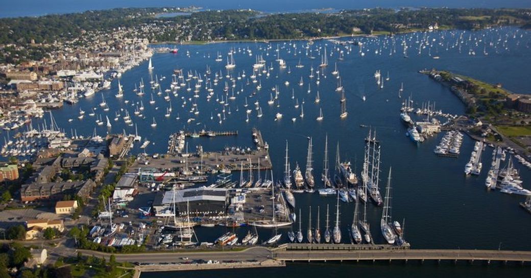 Aerial view of marina in Newport, New England