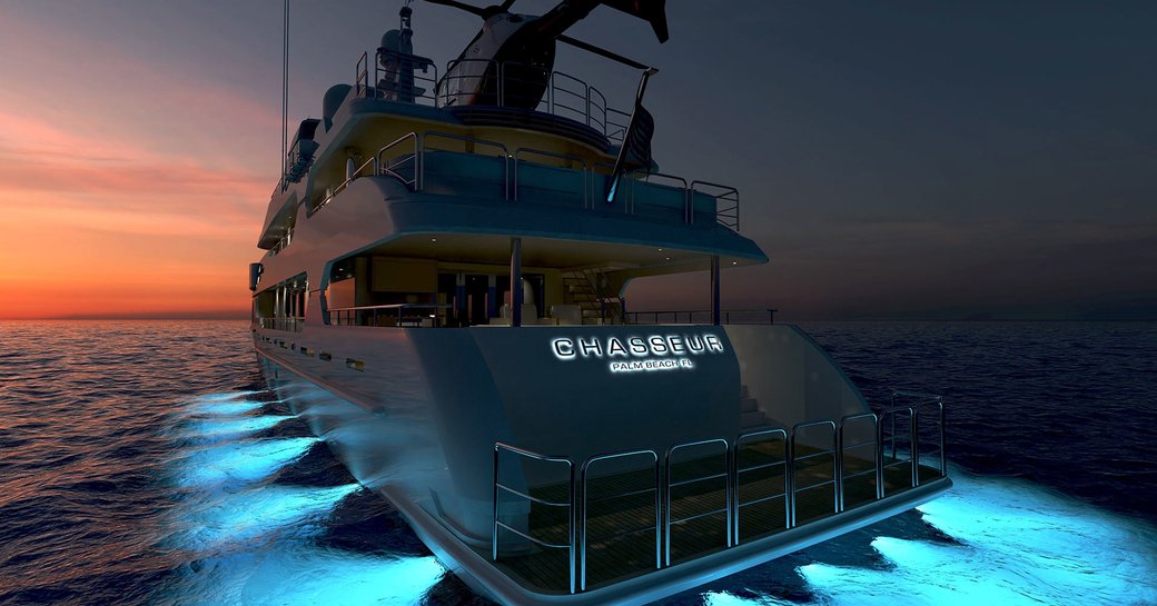 motor yacht CHASSEUR lights up at night in a rendering