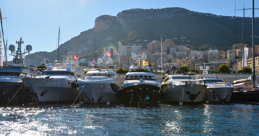 Yachts lined up at the Monaco Yacht Show