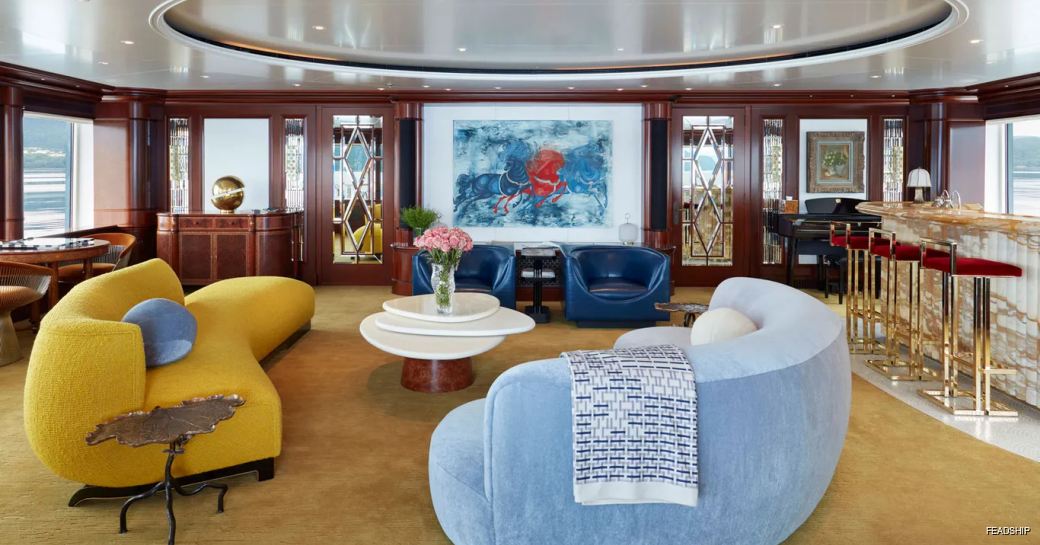 Overview of refitted interior lounge onboard charter yacht FIREBIRD 