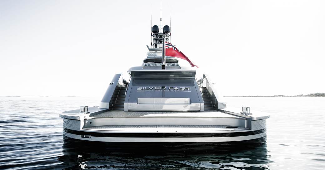 aft view of superyacht ‘Silver Fast’ with large swim platform