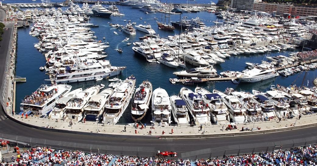 Superyachts line up in Port Hercules to take in the thrilling Formula One action of the Monaco Grand Prix