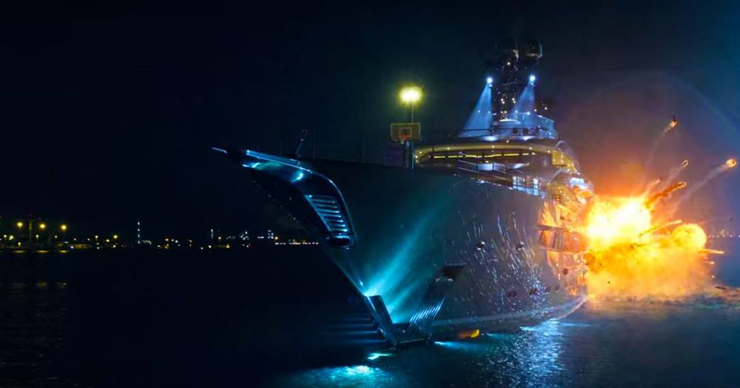 CGI explosive shot of superyacht KISMET being blown up in Netflix film 6 Underground